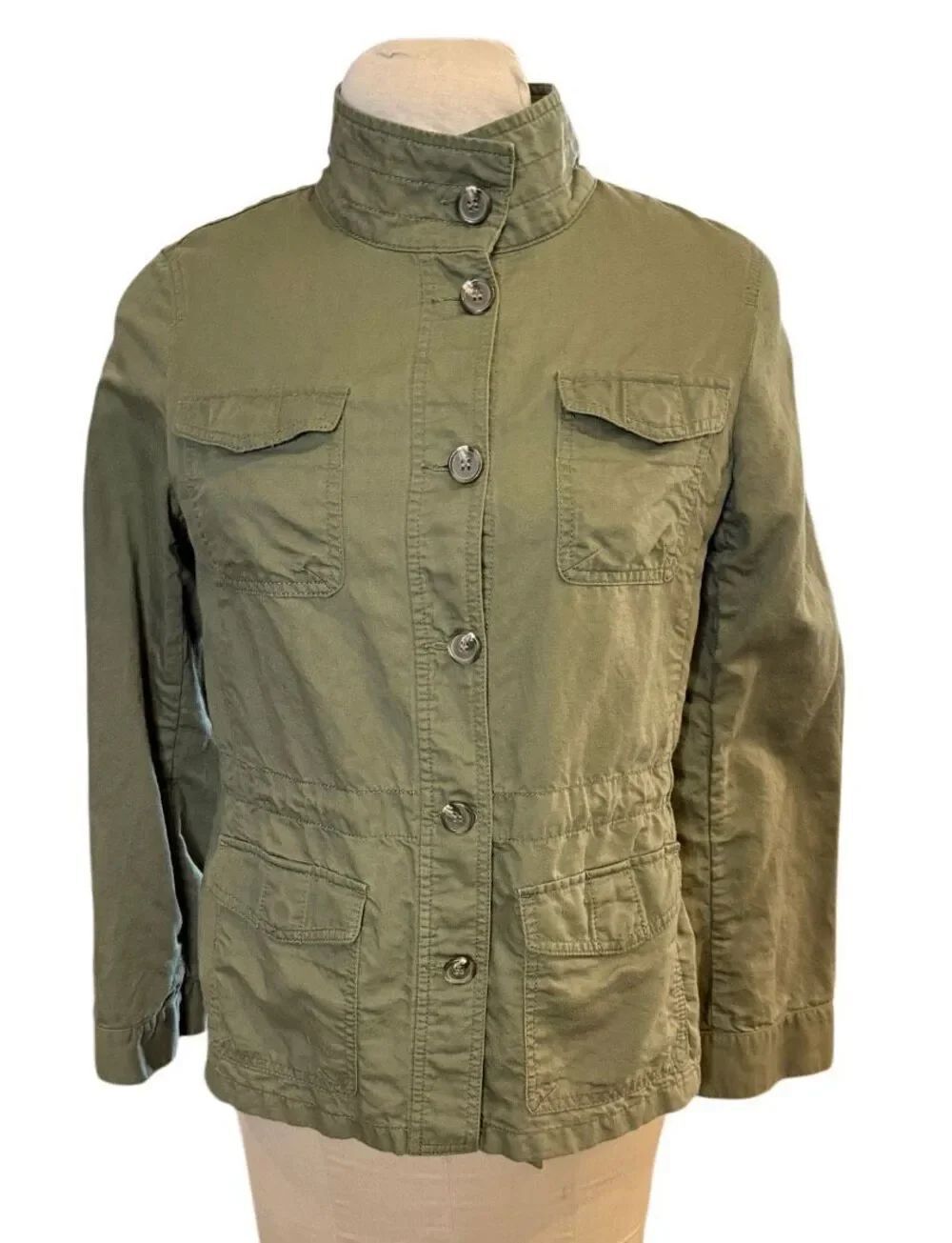 Talbots Olive Green Field Jacket Cinch Waist Sz. Small Linen Blend Lightweight